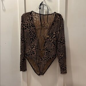 Large Bodysuit Sheer Sexy Open Front Lace Up Animal Print Long Sleeve Lingerie